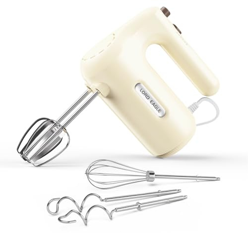 Lord Eagle 5-Speed Hand Mixer Electric Whisk, 300W Compact Handheld Mixer, Portable Kitchen Egg Beater with 5 Attachments & Storage Bag, Cake Supplies for Bread Dough Baking, Lightweight, Cream