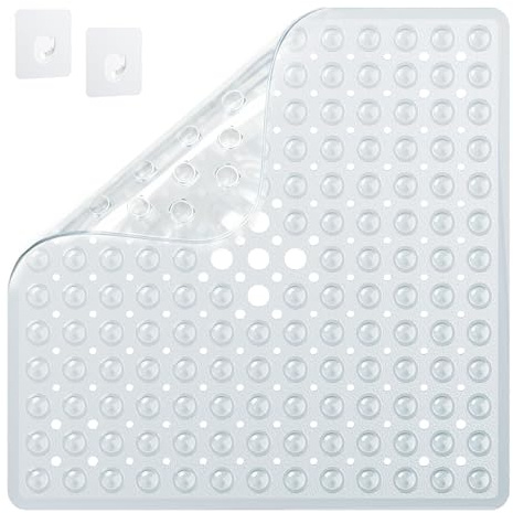 SRIWATANA Tapis de Douche antidérapant pour Douche 53 x 53 cm, 2 Crochets Inclus, Tapis de Douche sans BPA antidérapant Résistant à la moisissure et Lavable en Machine, Transparent