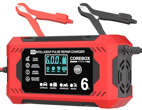 COREBOX 6A 12V Smart Pulse Repair Battery Charger - Trickle Charger with Temperature Compensation for Car, Truck, Motorcycle, Lawn Mower, Yacht (Battery Maintenance & Repair)