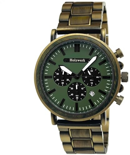 Holzwerk Germany Orologio da uomo realizzato a mano, con cronografo in legno naturale, analogico, al quarzo, colore: verde, oro, marrone, data, quadrante in legno
