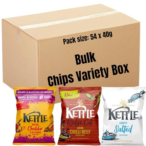 Kettle Chips Variety Box 40g – Bulk Buy Crips Perfect for Picnics, Camping, Xmas Movie Nights (Lightly Salted, Asian Chilli Beef, Mature Cheddar & Red Onion (54))