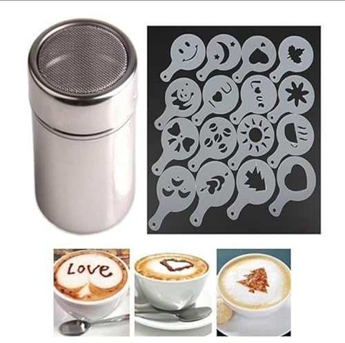 Spargi Zucchero a Velo, Velo in Acciaio Inossidabile Spargi Cacao in Polvere con 16 Stencil Cappuccino per Sale, Zucchero, Farina, Cacao, Caffè, Cioccolato