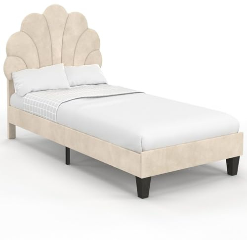 IDMarket - Letto singolo a conchiglia AMANDA 90 x 190 cm con base in velluto beige