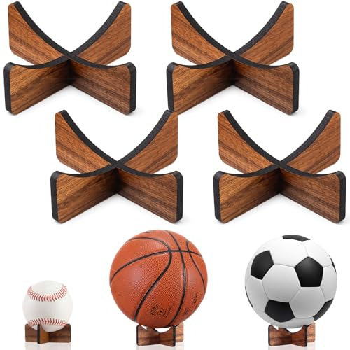 Sumind 4 Pcs Walnut Ball Stand for Display, Basketball Football Wood Holder Sport Ball Storage Rack for Baseball Softball Soccer Golf Volleyball Rugby Tennis Spheres Souvenir Display
