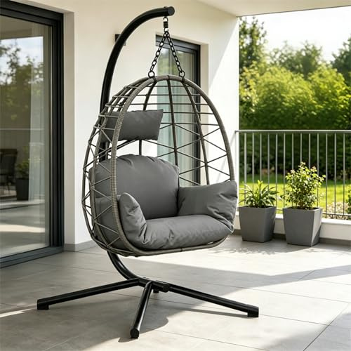 Fauteuil suspendu avec armature jusqu'à 150 kg, en rotin avec cadre en métal, siège suspendu confortable pour l'intérieur avec coussin lavable, pour jardin, terrasse et balcon