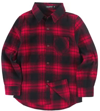 Spring&Gege Camisa casual de franela a cuadros de manga larga para niños (5-14 años), Red Black 1, 11-12 Años
