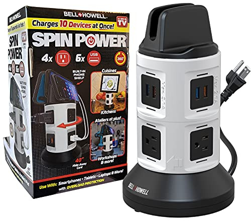 Bell+Howell Spin Power Strip Tower Surge Protector - 4 Outlets, 6 USB Ports, 40 Retractable Cord, 360° Rotation | Electric Charging Station with Built-in Phone & Tablet Holder | USB Outlet Extender