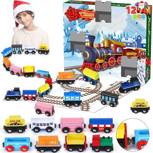 JOYIN 2025 Christmas Advent Calendar 12 Days Countdown Calendar with 12 Pcs Wooden Train Cars Magnetic Train Sets for Boys Kids Party Favors, Classroom Prizes