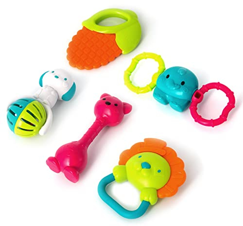 Auby Coffret de 5 Hochets & Anneaux de Dentition - Avec Boîte de Rangement,Jouet Bebe 3 4 5 6 7 8 9 10 11 12 Mois