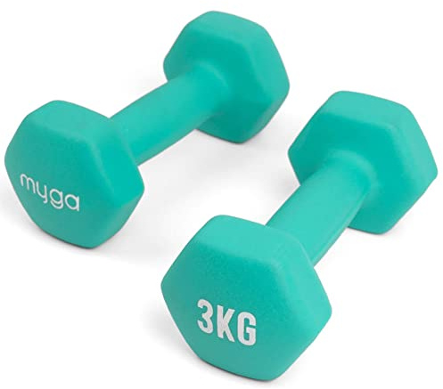 MYGA Hex Dumbbells - Pair of Neoprene & Cast Iron Hexagonal Dumbbell Hand Weights for Women and Men at Home & Gym - Weight: 3 kg