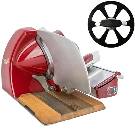 Berkel Aufschnittmaschine Home Line 250 in rot - Premium Schneidemaschine inkl. handgefertigtem Einlegebrett aus Fassholz + zusätzlich wichtigem Messerabnehmer - Sonderangebot