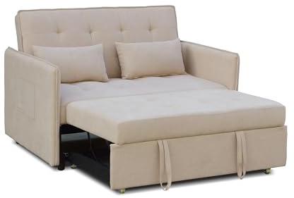 duehome | Sofa Cama, Sofa 3 Posiciones, Asiento de Descanso, Modelo Nasya, Acabado en Tejido Color Beige, Medidas: 135 cm (Largo) x 65-96 cm (Alto) x 87-183 cm (Fondo)