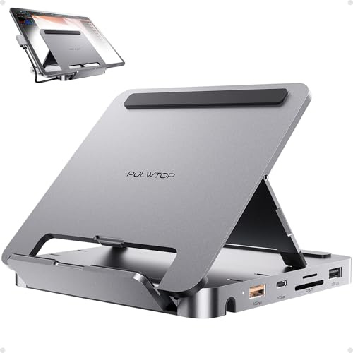 PULWTOP Hub USB C per iPad Pro, Docking station per iPad, HDMI 4K a 60 Hz, hub in alluminio PD da 100 W con custodia SSD, supporto dock foldable, hubiPad per iPad Air/Pro M1/M2/M4/M5,Windows