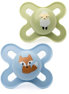 MAM Original Start Soothers | 0-2 Months | 2 Pack | Newborn Dummies | Comes in Dummy Steriliser Case | Sustainable Materials | Baby Accessories for Newborn | Blue/Green (Various Designs)