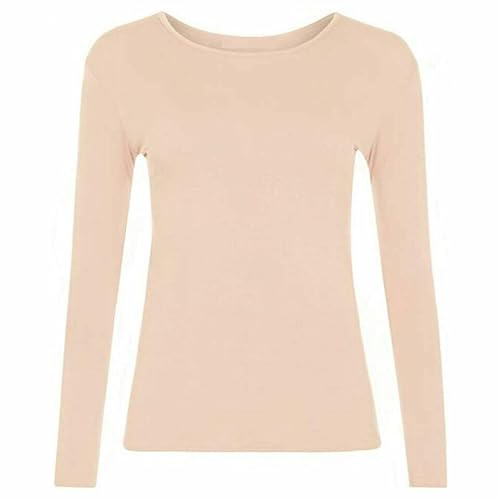FASHION MY LOVE Women Ladies Long Sleeve Round Neck Plain Top Stretchy Casual Summer T-Shirts Basic Slim fit Tee Tops UK Plus Size 8-26 Nude