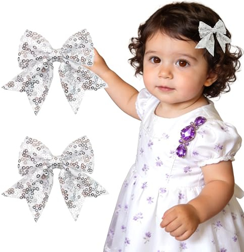 Silver Glitter Fable Hair Bows Alligator Hair Clips Hair Accessories for Baby Girls Toddlers Kids (3.5 inches in Pair)
