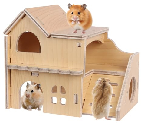 Lollanda Wooden Hamster House, Wooden Guinea Pig House, Small Animal Hideout for Hamsters Guinea Pig Gerbils- Small Pets, 4 Entrances, with Ramp (Villa Shape)