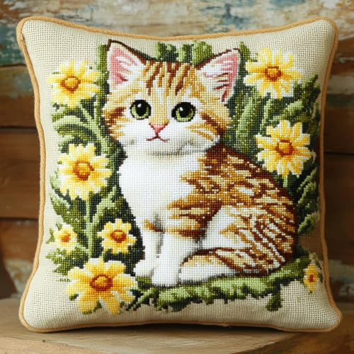 AMBATTERY 11CT Sticken Set Kreuzstich Kissen, Katze in den Blumen Kreuzstich Kissen Vorgedruckt,Diy Stickkissen,Handstickerei Kissenbezug Set Stickset Kissenbezug 45x45cm