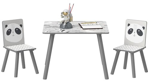 ZONEKIZ Set 3 Pezzi con Tavolo e 2 Sedie per Bambini da 3-8 Anni in MDF e Legno di Pino, Tavolino per Bambini e Seggiole con Disegni di Animali, Grigio