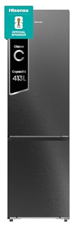 Hisense RB5P410SBFC Frigorifero Combinato Total No Frost, Nero Inox, 203x65,8cm, Classe C, 413L, large capacity, wifi, metal tech cooling, porta reversibile