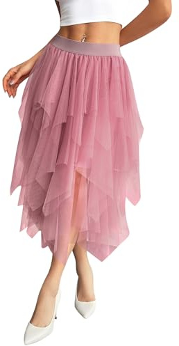 Zhiaek Falda Tul Mujer Cintura Elástica Falda Tutu Mujer 3 Capas Irregular Faldas Ballet Larga Casual Elegante para Carnaval Semana Santa Fiesta Halloween Prom Rosa M
