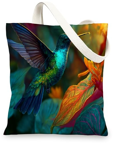 Bolsas de lona de colibrí, bolsas reutilizables con diseño floral de pájaros coloridos, bolsas de lona ligeras y lavables con correa para el hombro, Con color, 13x15 Inch