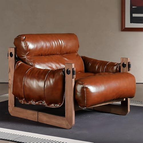 VTELGT Mid Century Armchair, Oiled Leather Lounge Chair, Accent Chair Tub Chair with Pads Soft Cushion, Solid Wood Frame for Living Room Bedroom Balcony Office, Jersey Style,Brown