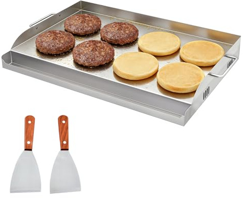 MOOTACO Piastra in acciaio inox, 58 x 37 cm, piastra per barbecue a bruciatore laterale, piastra superiore piatta con manico, piastra a bruciatore triplo per stufa a gas