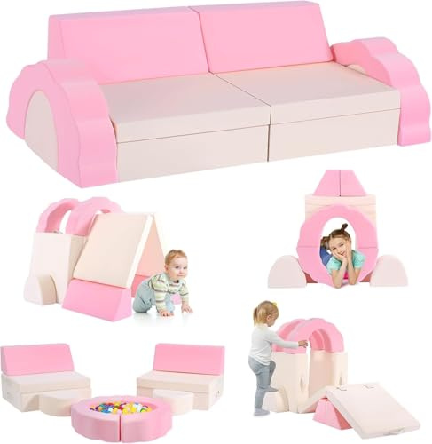 Divano convertibile per bambini, divano da gioco per bambini e poltrona, conforme alle normative europee, (set di divani per bambini 10 pezzi - rosa e beige))