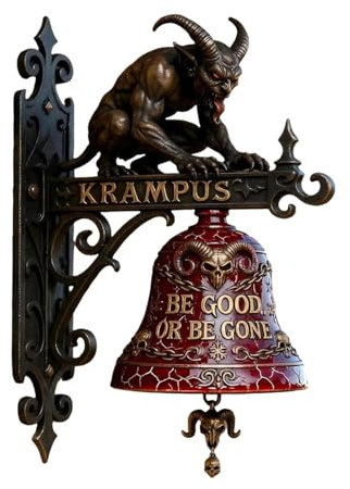 Timbre Krampus – Tu guardián navideño, timbre Krampus montado en la pared de resina vintage con figura de demonio y campana de calavera roja, decoración gótica navideña para puertas delanteras (1PCS)