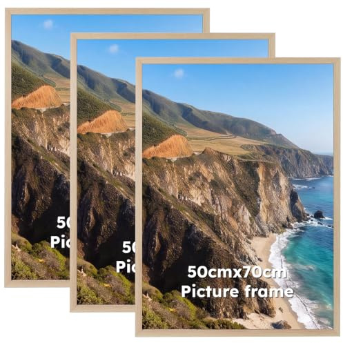 Hoikwo 50x70cm Frame Pack of 3, Oak Colour Aluminum Picture Frames 50cm x 70cm, Horizontal or Vertical Wall-Mount Design for Photos, Puzzles, Artwork, and Posters