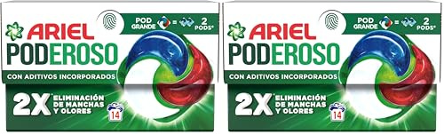 Ariel Pods PODEROSO Detergente lavadora capsulas | 14 Lavados | Original | POD GRANDE : 2 PODS | 2X eliminación de manchas y olores (Paquete de 2)
