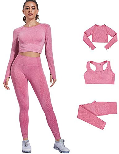 DONYKARRY Damen 3-teiliges Nahtloses Trainingsanzug Yoga Outfit Jogginganzug Set Freizeitanzug（Rosa,M）