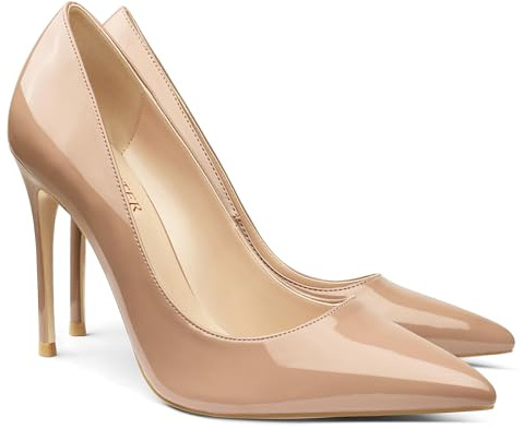 COLETER Women's 4 Inch Pumps Pointy Toe Wedding Dress Shoes Slip on Stiletto Pumps Patent Nude 8.5US