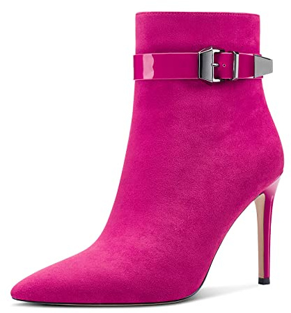 Aachcol Mujer Botines Cerrado el Dedo del pie Puntiaguada Punta Aguja Alto High Heel Dress Zapatos Ante Cierre con Hebilla Magenta Rojo B 10 CM 37 EU