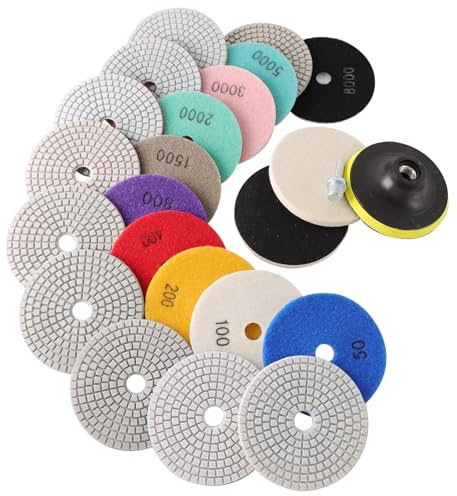 ROIIKETU 14PACK Diamond Wet Polishing Wheel Set, 100mm Wet/Dry Wheels for Granite, Concrete, Tile, Stone Grinding, Mixed Grit 50-8000 Sanding Pads with M14 Backer Pad & 2 Wool