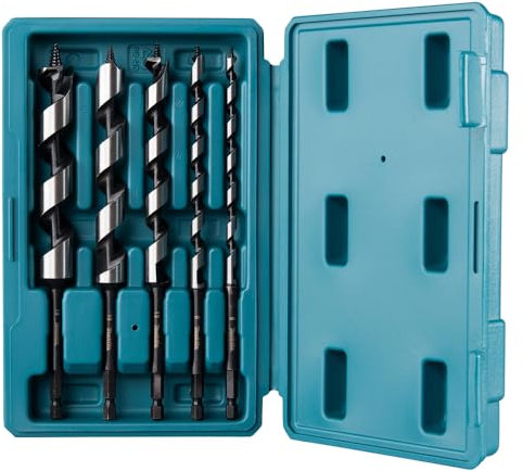 Makita D-75677 Auger Drill Bit Set 5 Pieces in Storage Box for Soft and Hardwood 200 mm Long Diameter 6-19 mm 1/4 Inch Hex Socket