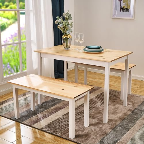 Panana Ensemble Table à Manger et Bancs 4-6 Personnes pour Salle à Manger, Cuisine, Salon, Café (Beige et Blanc)