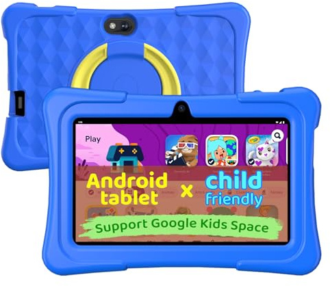 Kids Tablet, 7 inch Android 15 Tablet for Kids, 8GB+32GB 1TB Expand, Quad-Core Toddler Tablets with Shockproof Case, BT5.0, WiFi 5, Parental Control, Games, Dual Camera (Blue)