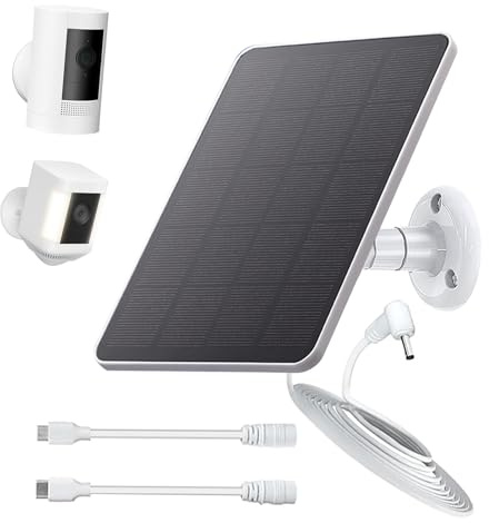 Solar Panel Compatible with Ring Stick Up Cam/Pro Battery, Outdoor Cam Plus, Spotlight Cam Plus/Pro, 4W 5V Solar Charger with 9.8ft DC Charging Cable, Micro USB & Type C Port, Adjustable Wall Mount