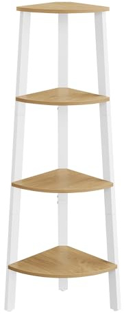 VASAGLE Corner Shelf Stand, 4-Tier Corner Bookshelf, Industrial Ladder Shelf, Plant Stand for Living Room, Office, Kitchen, Natural Oak and Matte White ULLS034Y70
