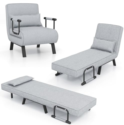 GOPLUS 4-i-1-sovstol med sängfunktion, bäddsoffa med 6-vägs justerbart ryggstöd och avtagbar kudde, relaxfåtölj, soffsäng, vikbar för hem, 7 kontor (ljusgrå)