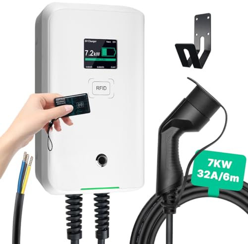 Morec Ladestation für Elektrofahrzeuge, 7 kW, Typ 2 Wallbox, EV-Ladegerät für alle Elektrofahrzeuge und Plug-in-Hybride, 6 m Kabel mit Steuerung über fünf RFID-Karten