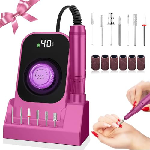 Nagelfräser Professionell 40000U/Min Nagelfräser für Gelnägel, Aufladung Elektrische Nagelfeile Maniküre Elektrische Nail Drill Set mit 7 Elektrische Nagelfräser Bits, Zu Hause und Im Salon (Lila)