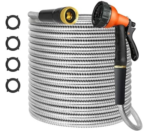 TOPUPHOE Metal 50 FT Garden Hose, Stainless Steel Heavy Duty Water Hoses Adjustable Spray Nozzle Lightweight No Kink Garden Hoses for Yard, Outdoor,Car