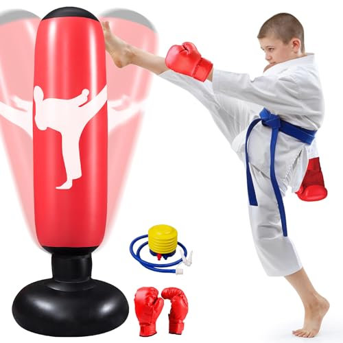 Qoosea Sacco da Boxe per Bambini, 160cm Sacco da Boxe Gonfiabile con Pompa e Guanti da Boxe, Pratica di Taekwondo Karate Attrezzatura da Allenamento, Regalo per Ragazzi Ragazze