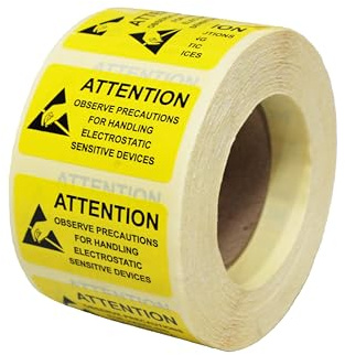Kill Stat 1000 Pcs Per Roll, ESD Warning Labels Attention for Handling Static Devices, Static Warning Stickers, Black/Yellow, Easy to Apply, 25 x 45mm