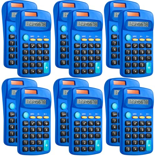 12 Packs Pocket Size Mini Blue Calculator Basic Calculators for Handheld Angled Students 8 Digit Display Solar Battery Dual Power Small Calculator for Students Kids Home Office