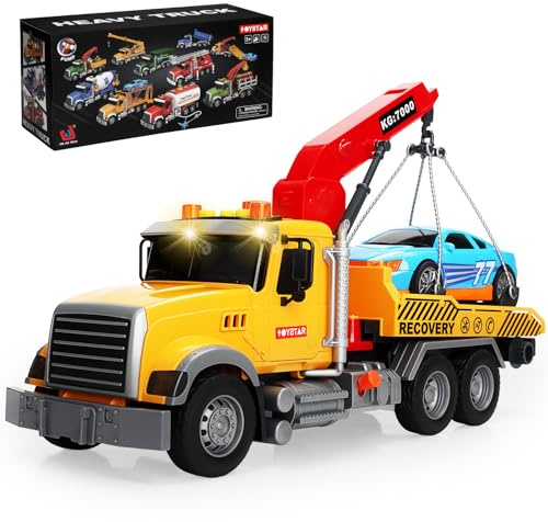 Camión de Remolque Grande,Camión Grúa de Juguete para Niños,Juguete Transport Grúa de Metal con Sonidos y Luces,1 vehículos y 10señales de tráfico,Juguetes Remolque para Niños a Partir de 3-8 años