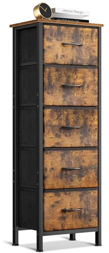 Coleshome Comoda Dormitorio, Comoda Estrecha y Alta con 5 Cajones de Tela, Estructura de Acero Resistente y Tablero de Madera, Ideal para Dormitorio y Salón, 40 x 30 x 120 cm, Vintage